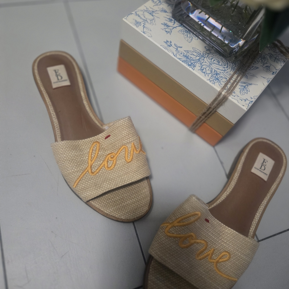 Tan 'Love' Embroidered Sandals